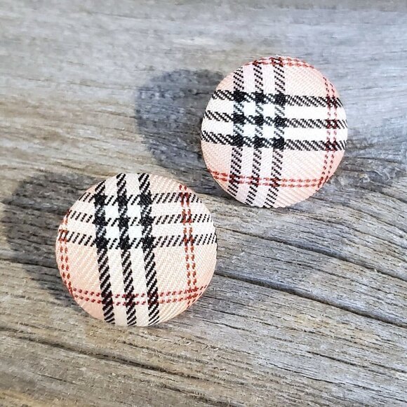 Pink Black White Tartan Plaid Fabric Button Earrings - Picture 1 of 5